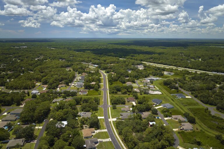 Aerial view of street traffic with driving cars in small town. American suburban landscape with private homes between green palm trees in Florida quiet residential area
